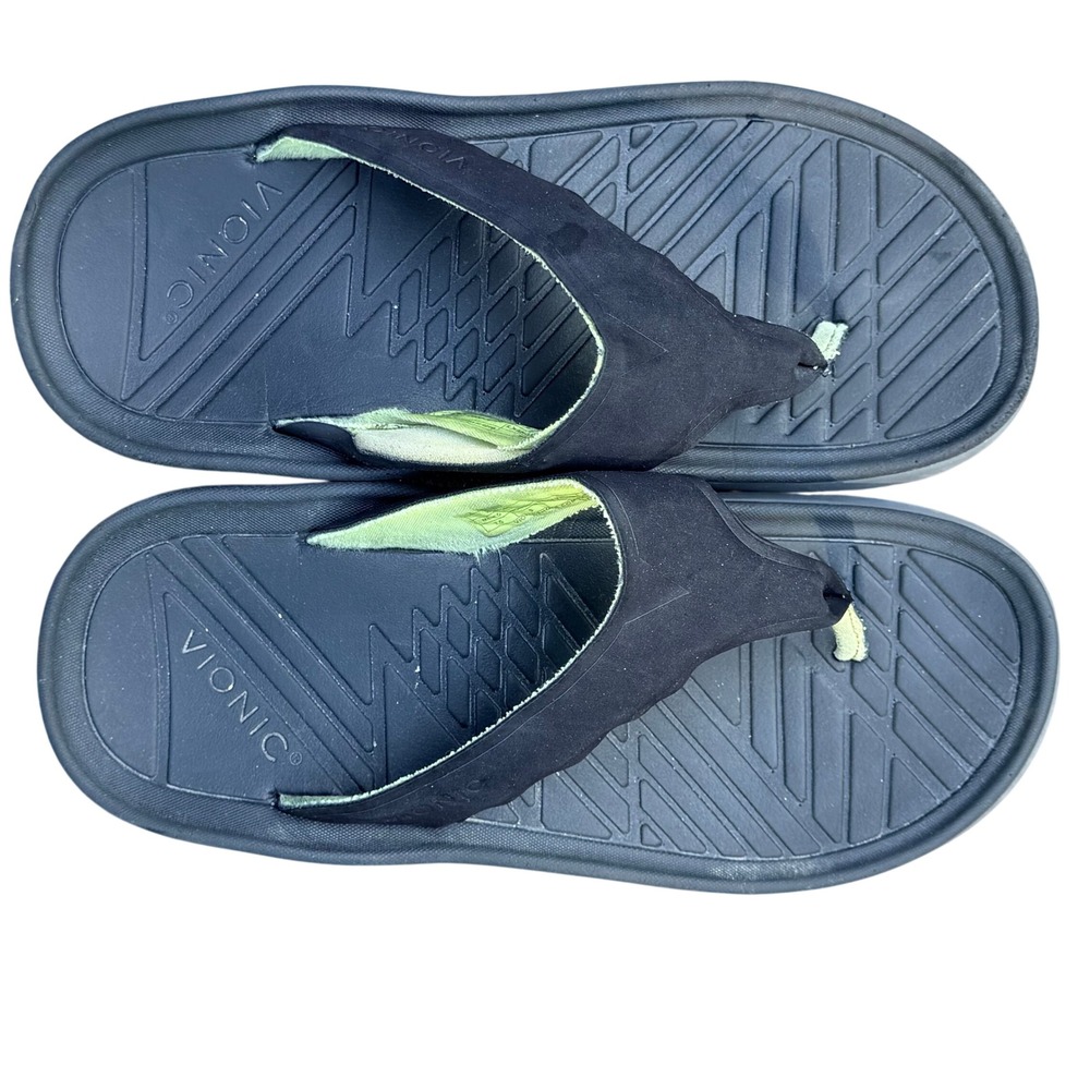 Vionic Restore Recovery Sandals Mens 7.5 Black Lime Green Orthotic Flip Flops